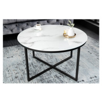 Estila Moderní bílý kulatý konferenční stolek Industria Marbleux s mramorovým vzhledem s černou 