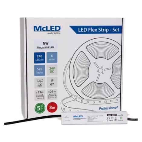 McLED LED pásek - sada 3 m, 240 LED/m, NW, 6 W/m, DC 24V, 520 lm/m, CRI90, IP67, 10 mm, vodič 3 