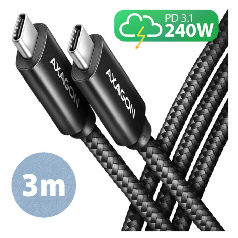 AXAGON kabel USB-C - USB-C, 240W 5A, ALU, opletený, 3m, černá - BUCM2-CM30AB