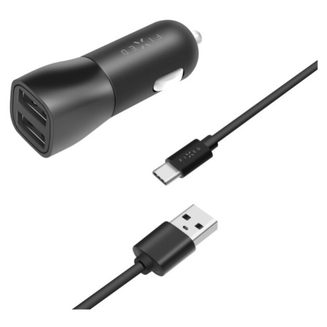 FIXED autonabíječka s 2x USB-A a kabelem USB-C 15 W černá