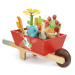 Dřevěné kolečko se zahradním nářadím Garden Wheelbarrow Tender Leaf Toys 13dílná souprava květin