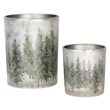 Sada 2 šedé skleněné svícny zelené jehličnaté stromky – 10x22 cm Clayre & Eef