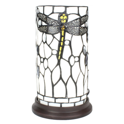 Bílá válcovitá stolní lampa Tiffany s vážkou DragonFly – 15x26 cm