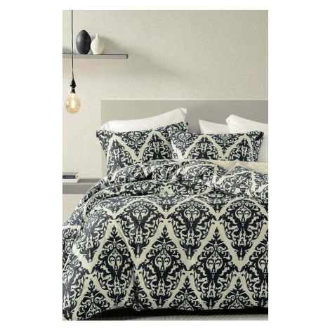 Černo-béžové 4dílné prodloužené povlečení na dvoulůžko s prostěradlem z bavlny Renforcé 200x220  Mila Home