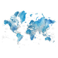 Mapa Blue watercolor world map with cities, Raleigh, Blursbyai, (40 x 26.7 cm)