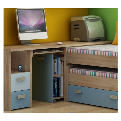 Studentský rohový PC stůl NELLORE 2, dub sonoma/světle modrá/modrá, 5 let záruka MORAVIA FLAT