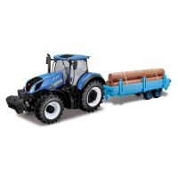 Burago traktor new holland s vlečkou na dřevo 1:32