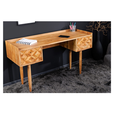 Estila Masivní retro psací stůl Camille se dvěma šuplíky s ozdobnou intarzií z akáciového dřeva 
