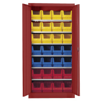 mauser Skladová skříň, jednobarevná, s 28 přepravkami s viditelným obsahem, 6 polic, červená