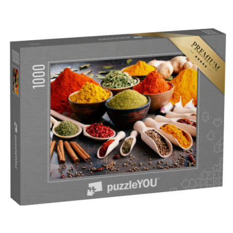 puzzle „Různé koření a bylinky na kuchyňském stole“