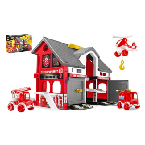 WADER Play House - Požární stanice plast + 2ks aut + 1ks helikoptéra v krabici 59x39x15cm