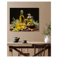 Obrazy na stěnu - Aranžmá - olivový olej s olivami na stole Rozměr: 40x50 cm, Rámování: bez rámu