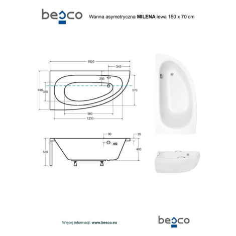 BESCO Asymetrická vana MILENA Nožičky k vaně S nožičkami, Rozměr vany 150 × 70 Způsob provedení 