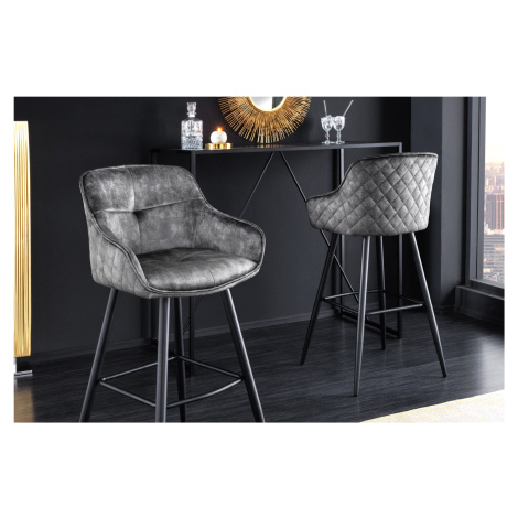 Estila Glamour designová barová židle Rufus s tmavě šedým sametovým čalouněním a černou konstruk