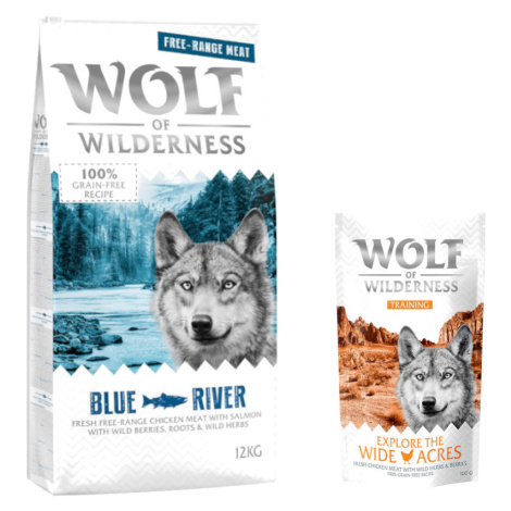 Wolf of Wilderness granule, 12 kg + Training “Explore the Wide Acres” zdarma - Adult „Blue River