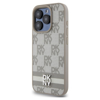 DKNY PU Leather Checkered Pattern and Stripe kryt iPhone 15 Pro Max béžový