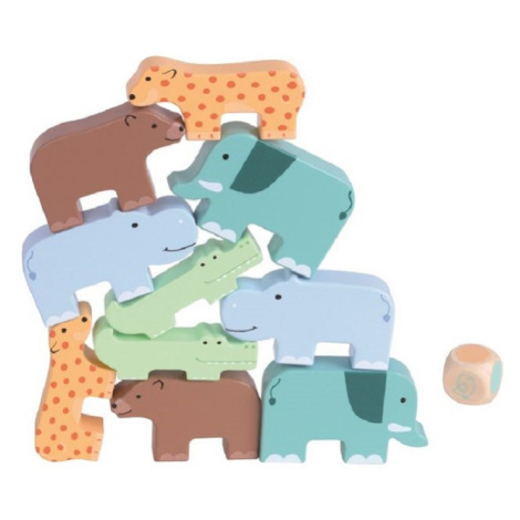 Lelin Dřevěná skládací hra - zvířátka, 10ks + hrací kostka