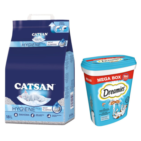 Catsan Hygiene Plus stelivo, 18 l + Dreamies 2 x 350 g - 15 % sleva - stelivo pro kočky 18 L + s