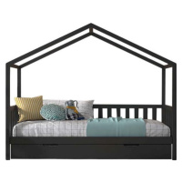 Antracitová domečková dětská postel z borovicového dřeva s výsuvným lůžkem a úložným prostorem 9