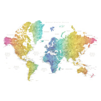 Mapa World map with labels in Spanish, rainbow watercolor, Blursbyai, 40 × 26.7 cm