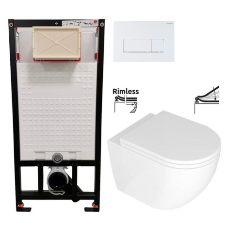 DEANTE Podomítkový rám, pro závěsné WC mísy + SLIM tlačítko bílé + WC REA Carlo Mini Basic Rimle
