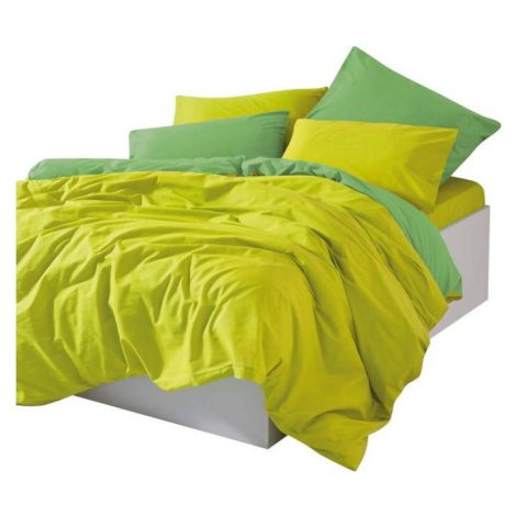 Žluté/zelené povlečení na dvoulůžko/prodloužené z bavlny Renforcé s prostěradlem/4dílné 200x220  Mijolnir