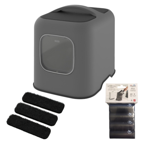 Rotho MyPet BIALA kočičí toaleta - výhodné balení: kočičí toaleta anthrazit + 3 x Aktivní filtr 