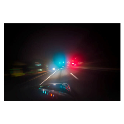 Fotografie Car driving down road with red and blue lights, Hillary Kladke, 40 × 26.7 cm