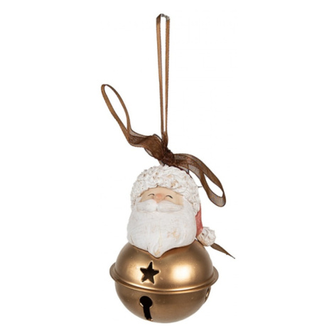 Bílá vánoční ozdoba Santa Claus na zlaté vánoční rolničce s otvory – 8 cm Clayre & Eef
