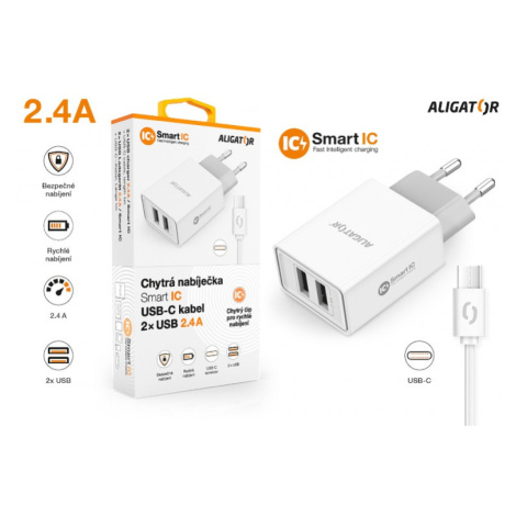 Chytrá síťová nabíječka ALIGATOR 2.4A, 2xUSB, smart IC, USB-C kabel 2A, bílá