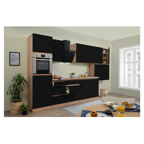 Respekta Kuchyně Lorena černá/dub 370 cm-trouba/skl.deska/digestoř/lednice
