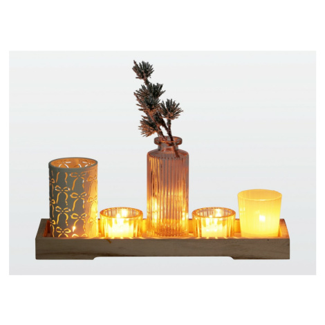 Sada svícnů na dřevěném podnosu Winter Time, 6 ks, 10,5 x 32,5 cm