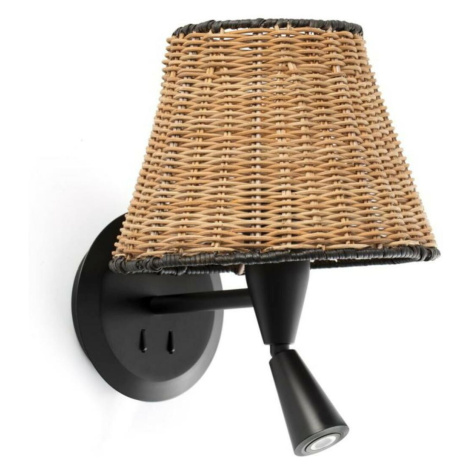 FARO SUMBA černá/ratan nástěnná lampa se čtecí lampičkou