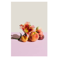 Fotografie Lily flower and peaches on beige, Tanja Ivanova, 26.7x40 cm