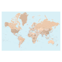 Mapa Blue and brown detailed world map with cities, Blursbyai, (40 x 26.7 cm)