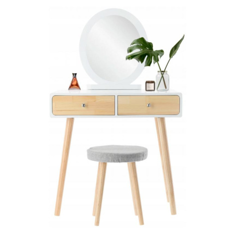 Bílý dřevěný toaletní stolek se zrcadlem a taburetem