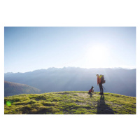 Umělecká fotografie Hiker and rescue dog on grassy hill, Switzerland, (40 x 26.7 cm)