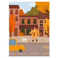 Ilustrace Autumn mood landscape. Woman walking with dog on leash on city town street. Fall scene