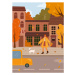 Ilustrace Autumn mood landscape. Woman walking with dog on leash on city town street. Fall scene