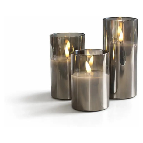 Sada LED svíček ve skle, šedá, Ø 7,5 × 10/12,5/15 cm, s dálkovým ovladačem, balení 3 ks DecoLED