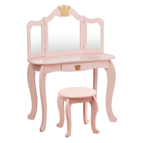 2v1 dětský toaletní stolek s taburetkou a trojitým zrcadlem, růžová Costway