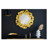 Estila Glamour kulaté nástěnné zrcadlo Ginko ve zlatém provedení s ozdobným kovovým rámem z list