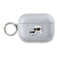 Pouzdro Karl Lagerfeld PU Embossed Choupette Heads pro AirPods Pro, stříbrná