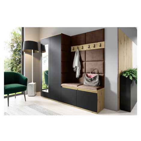Eka Předsíňová stěna s čalouněnými panely Trinity 8 - Dub Artisan s černou / Hnědá 2307