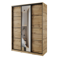 Šatní skříň NEJBY BARNABA 150 cm s posuvnými dveřmi, zrcadlem,4 šuplíky a 2 šatními tyčemi,dub w
