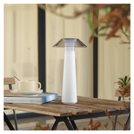 Lindby Lindby LED dobíjecí venkovní stolní lampa Gomba, bílá, stmívatelná