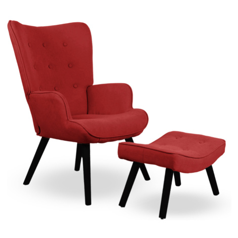 Křeslo ušák CORDU + taburet — masiv, látka, černá / červená