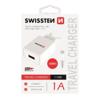 SWISSTEN SÍŤOVÝ ADAPTÉR SMART IC 1x USB 1A POWER + DATOVÝ KABEL USB / TYPE C 1,2 M, BÍLÁ
