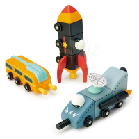 Dřevěná kosmická auta Space Race Tender Leaf Toys třídílná skládací kombinovatelná