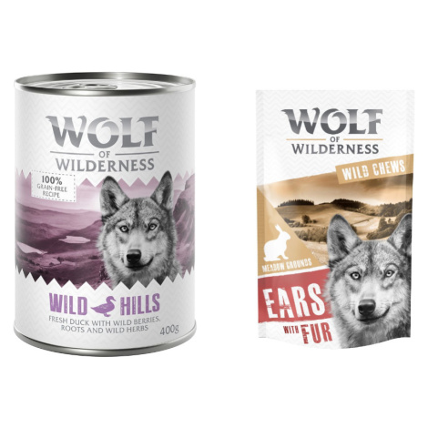 Wolf of Wilderness Adult 24 x 400 g + králičí uši 200 g (cca 10 ks) zdarma - Wild Hills - kachní
